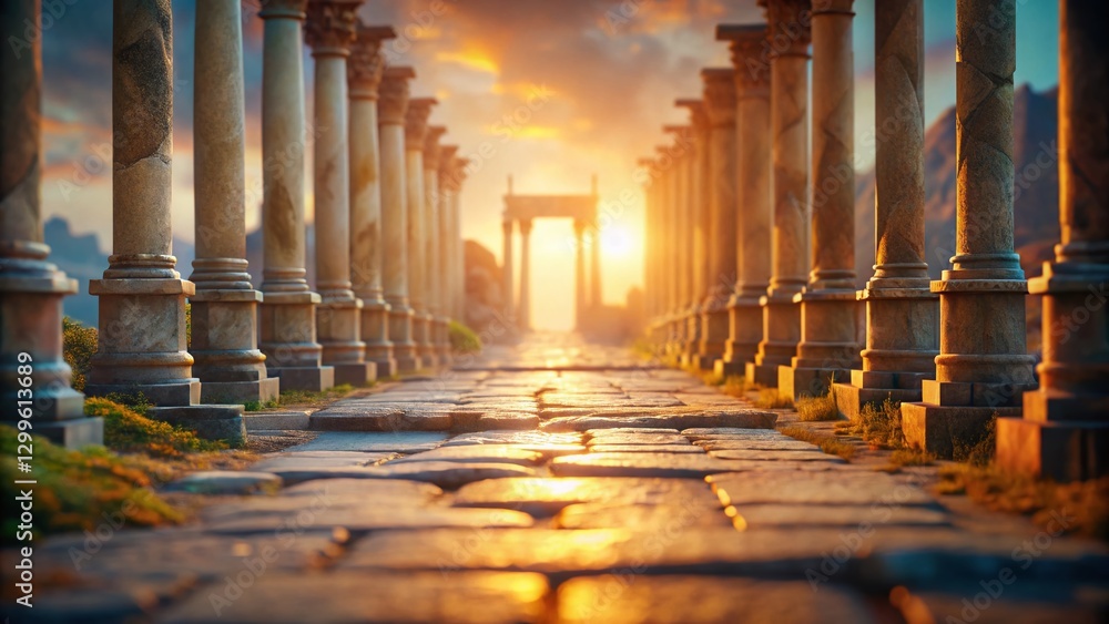 Fototapeta premium Miniature Stone Column Walkway: Perspective Landscape Photography