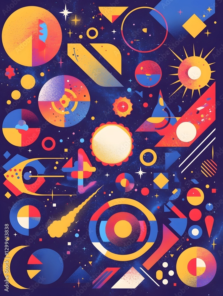 Vibrant Cosmic Digital Art Composition with Geometric Shapes and Celestial Elements Vibrant Cosmic Digital Art Composition with Geometric Shapes and Celestial Elements