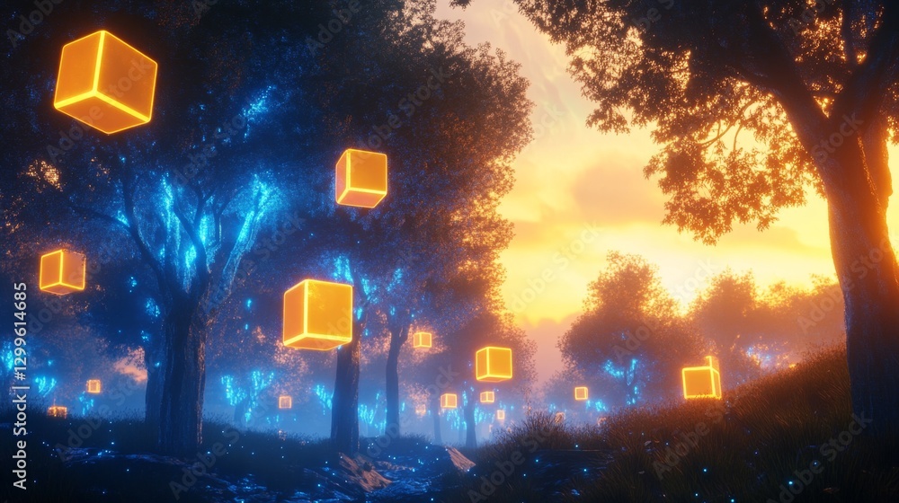 Fototapeta premium Exploring a dreamlike forest of glowing blue trees and floating cubes enchanting landscape surreal environment fantasy concept