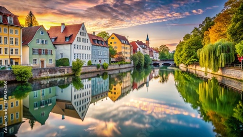 Minimalist Augsburg Wertach River Scene: Calm Water, City Reflection