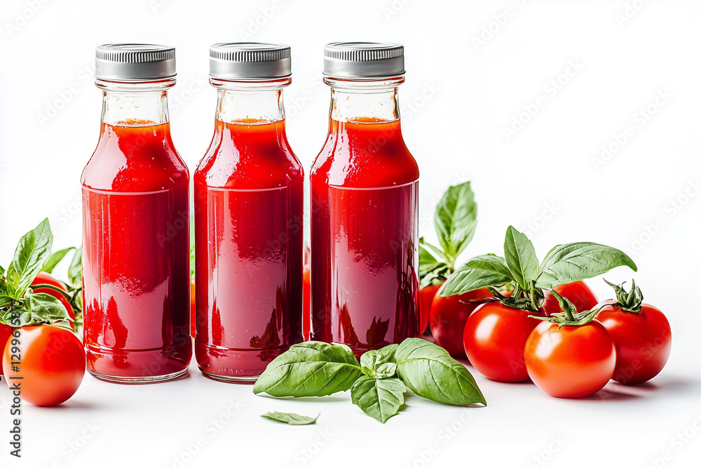 Bottles of tomato juice, surrounded by fresh tomatoes and leaves on white background. Bottles of tomato juice, surrounded by fresh tomatoes and leaves on white background.