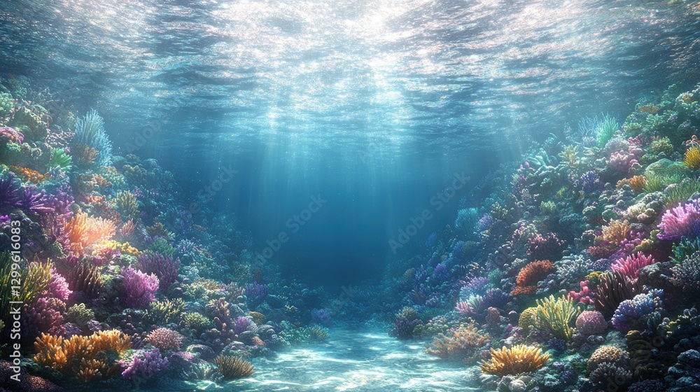 Fototapeta premium Underwater coral reef scene, sunlight, ocean