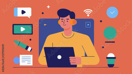 Social Media Promotion A podcast producer creating visuals for social media shown with editing tools open while drafting promotional posts on a tablet.