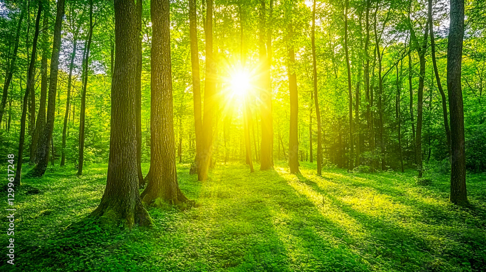 Fototapeta premium Radiant sunlight filtering through the lush green forest, creating a peaceful and serene atmosphere