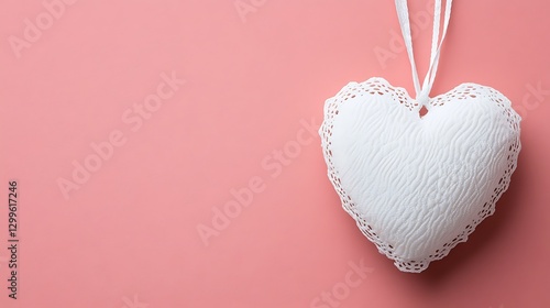 A white heart shaped decoration hanging on pink background