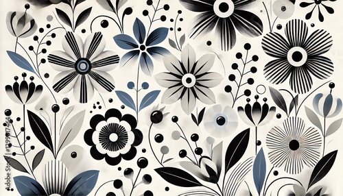 Modern Scandinavian floral pattern in black, white, and blue
