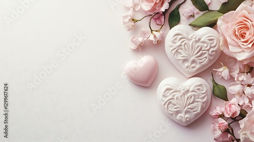 Pink Roses And Hearts Composition On A Light Colored Background