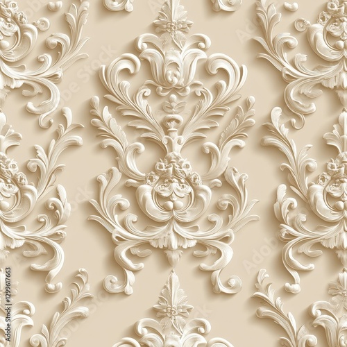 Ornate floral relief sculpture with intricate baroque details on wall; interior design use