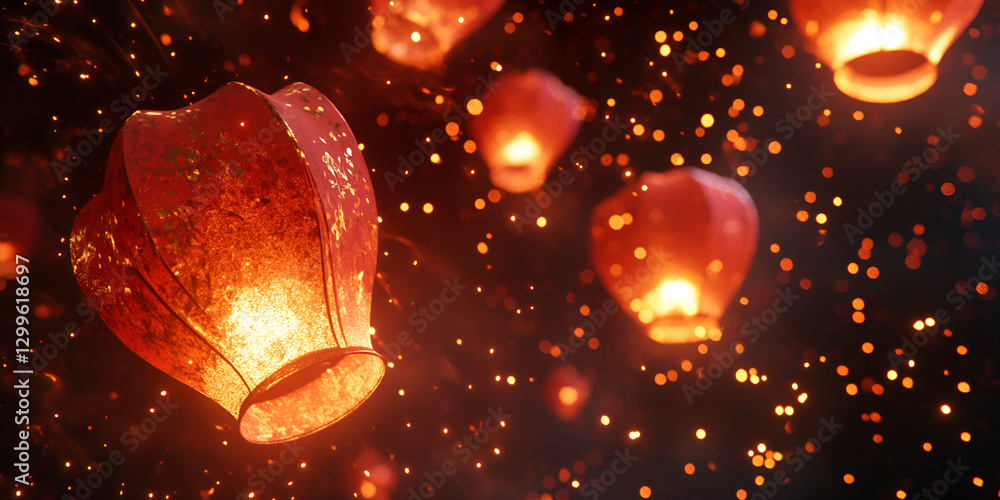 Obraz premium Golden Sparkles Surrounding a Glowing Red Paper Lantern