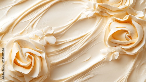 Artistic rendering of cream roses and decorative swirls on a surface