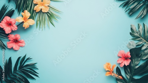 Tropical leaves and hibiscus blossoms frame a light blue background