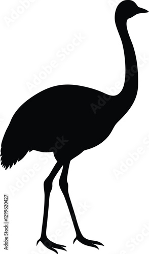 Black Silhouette of an Ostrich with Extended Neck and Running Stance