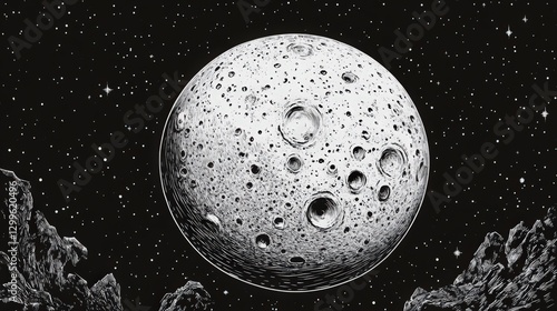 Lunar Surface Close-Up with Craters and Stellar Background Illustration photo