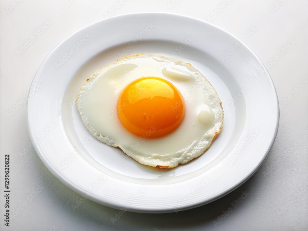 Minimalist Single Fried Egg on White Plate: Simple Breakfast Food Photography Minimalist Single Fried Egg on White Plate: Simple Breakfast Food Photography