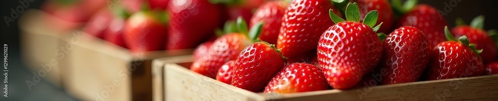 Close up of ripe juicy strawberries displayed on wooden crates, natural, delicious, seasonal Close up of ripe juicy strawberries displayed on wooden crates, natural, delicious, seasonal