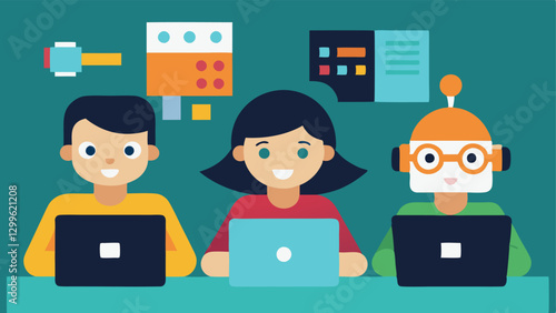 Tech Savvy Kids A scene showcasing kids using laptops and coding with fun graphics representing coding blocks and robots illustrating learning in the digital age.