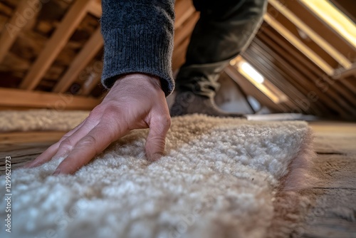 A soft-focus close-up of the man’s hand gently pressing down on the wool fibers, with the texture and softness of the material contrasting against the hard, weathered wood of the attic floor. photo