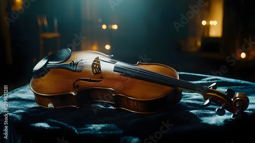Elegant Violin Resting on Velvet Surface in Dimly Lit Room with Warm Glow