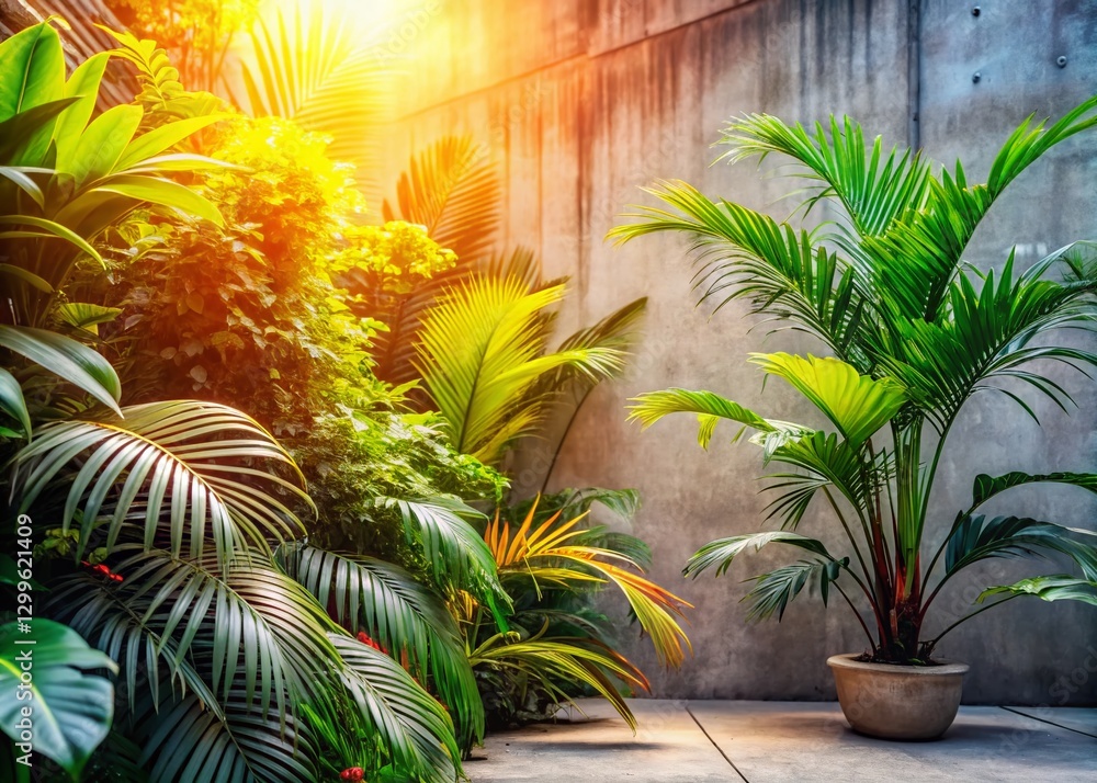 Fototapeta premium Minimalist Summer Tropical Urban Garden: Lush Greenery in Cityscape