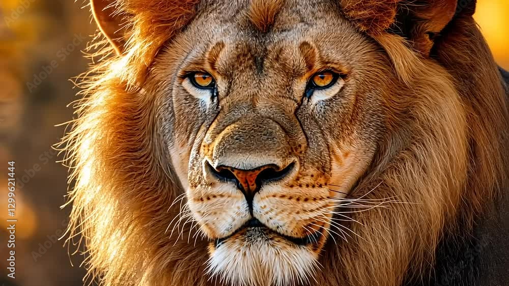 Majestic lion gazing intently with a blurred golden background in a serene natural habitat Majestic lion gazing intently with a blurred golden background in a serene natural habitat