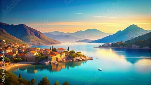 Minimalist Sunny Bay Village Mountain Landscape Stock Photo