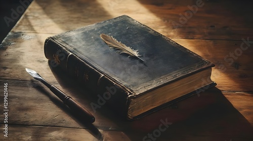 Antique Book with Feather Quill on Wooden Desk in Warm Light
