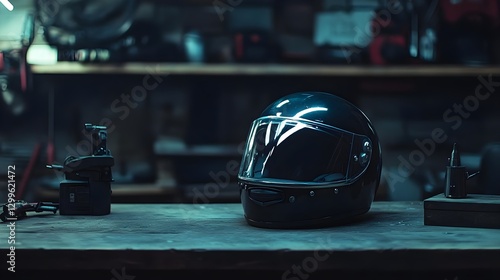 Black Motorcycle Helmet on Workshop Table Amidst Tools in Dim Lighting