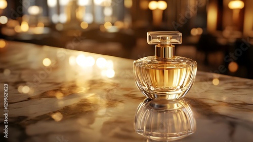 Elegant Perfume Bottle Gleaming on Marble Counter in Luxurious Hotel Lounge