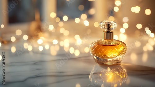 Elegant Perfume Bottle on Marble Surface with Warm Bokeh Lights Decor