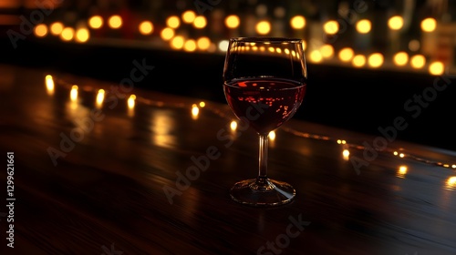 Elegantly lit glass of red wine on a wooden bar amidst soft glowing lights