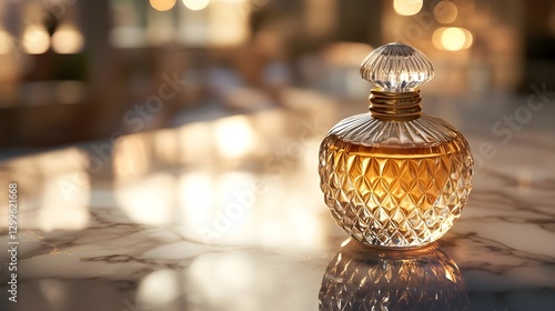 Elegant Vintage Perfume Bottle on Marble Counter in Soft Ambient Lighting