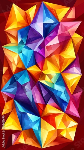Abstract kaleidoscopic geometric crystal facets on deep red background