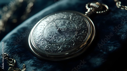 Close-up of an Intricate Vintage Pocket Watch on Soft Blue Velvet Background