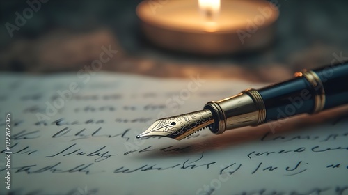 Elegant Fountain Pen Writing Illuminated by Candlelight at Night