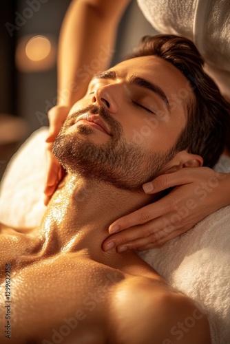 Professional masseuse gently massaging the neck of a relaxed man lying on a massage table in a serene spa, enjoying a rejuvenating wellness treatment focused on relaxation and stress relief
