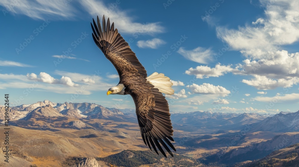 Naklejka premium Bald eagle soaring over majestic mountain landscape with blue sky and clouds.