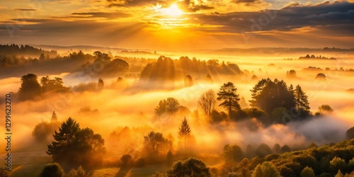 Misty Dawn: Candid Photo of Serene Landscape, Golden Hour Light