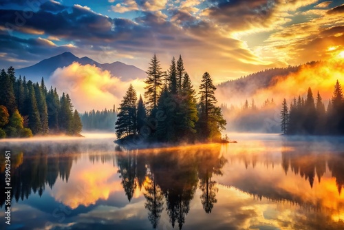 Misty Mountain Lake Sunrise: Double Exposure Dreamy Landscape Photography