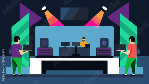 Setting Up Equipment A team of technicians setting up gaming consoles monitors and microphones on a stage with colorful LED lights and banners in the background.