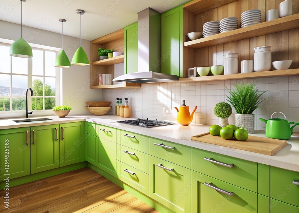 Fototapeta premium Modern Kitchen Design: Light Worktop, Green Storage, Stainless Steel Appliances