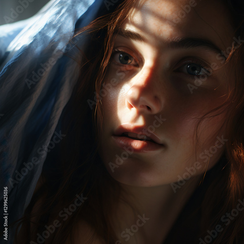 Romantic Portrait of Beautiful Feminine Red Headed Woman in Veil, Soft Hues