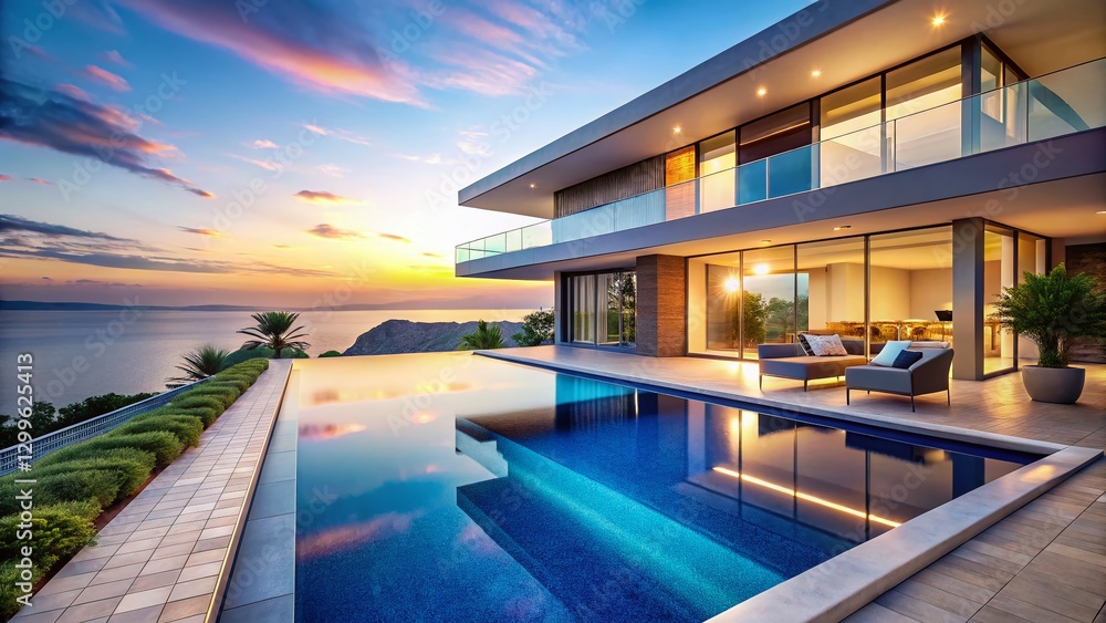 Modern Luxury Villa with Infinity Pool & Breathtaking Ocean View - Stock Photo Modern Luxury Villa with Infinity Pool & Breathtaking Ocean View - Stock Photo