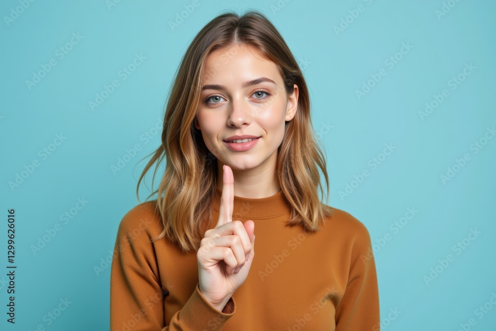 Young Caucasian Woman with Shoulder-Length Hair and a Brown Sweater Gesturing with One Finger Against a Vibrant Aqua Background