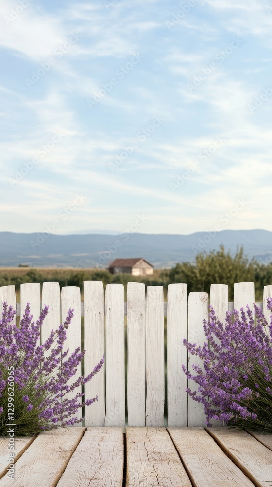 Fototapeta premium Lavender bushes in front of white fence, countryside view