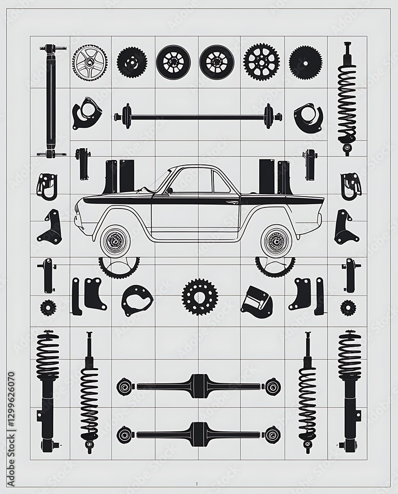 custom made wallpaper toronto digitalDetailed schematic illustration of a classic sports car with exploded view components, showcasing mechanical parts, wheels, suspension, and chassis for automotive engineering and restoration.

