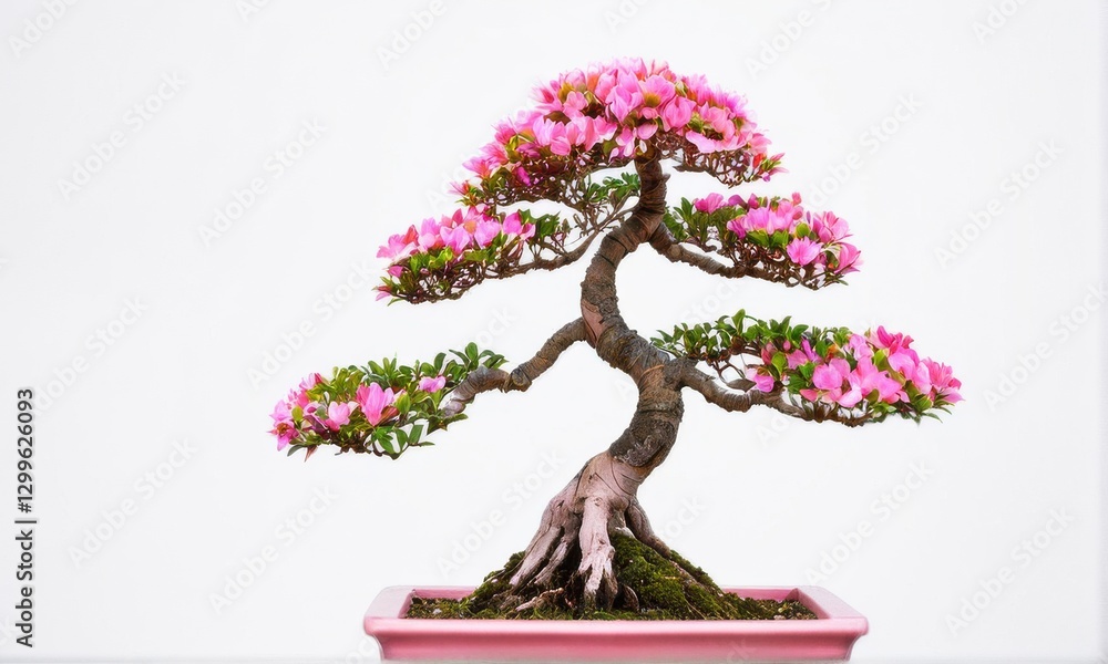 Pink Azalea Bonsai Tree in Pink Pot Against White Background Pink Azalea Bonsai Tree in Pink Pot Against White Background
