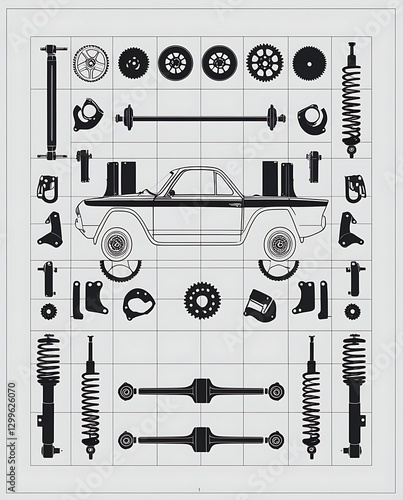 Wallpaper Mural Detailed schematic illustration of a classic sports car with exploded view components, showcasing mechanical parts, wheels, suspension, and chassis for automotive engineering and restoration.

 Torontodigital.ca