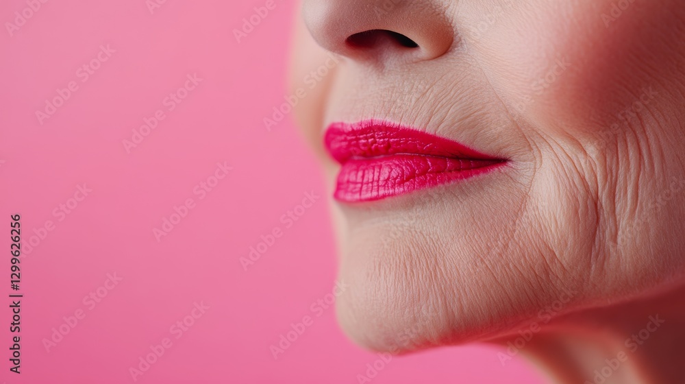 Naklejka premium Close-up of senior woman displaying confidence with pink lipstick against soft background highlighting graceful aging