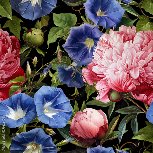 Seamless vector pattern with peony and morning glory flowers isolated on a changeable background. Vintage painting style illustration.
