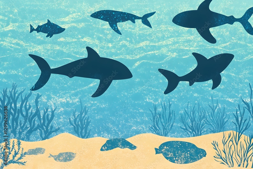 Silhouetted Shark and Fish in Tropical Underwater Ocean Ecosystem Silhouetted Shark and Fish in Tropical Underwater Ocean Ecosystem